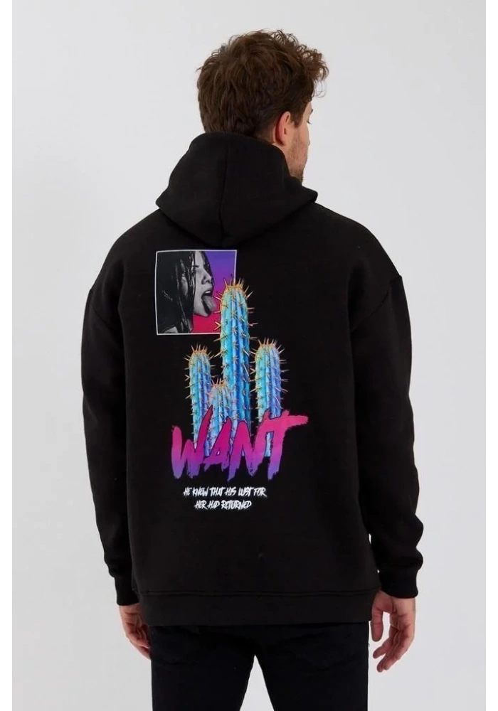 Erkek 3 İplik Pamuklu Kapüşonlu Baskılı Cepli Oversize Sweatshirt Hoodie - Siyah