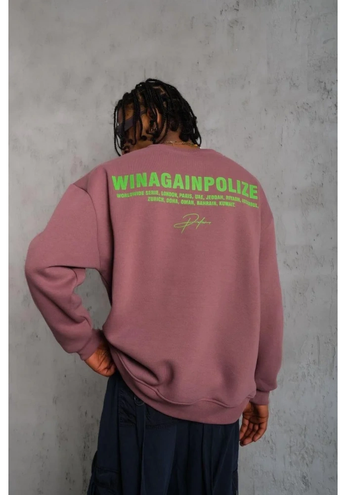 Erkek Bisiklet Yaka Baskılı 3 iplik pamuklu Sweatshirt - Gül Kurusu