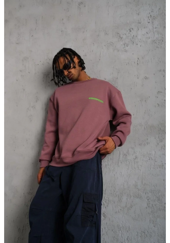 Erkek Bisiklet Yaka Baskılı 3 iplik pamuklu Sweatshirt - Gül Kurusu