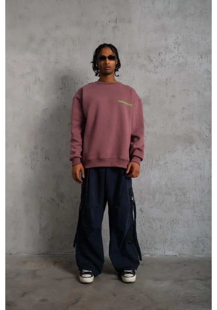 Erkek Bisiklet Yaka Baskılı 3 iplik pamuklu Sweatshirt - Gül Kurusu