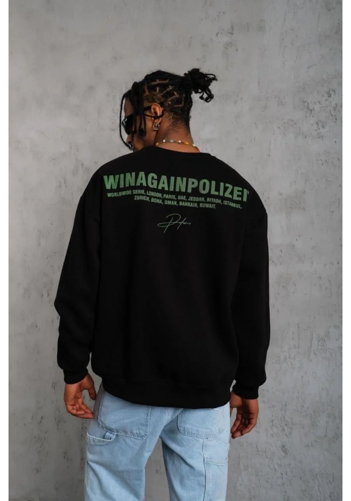 Erkek Bisiklet Yaka Baskılı 3 iplik pamuklu Sweatshirt - Siyah