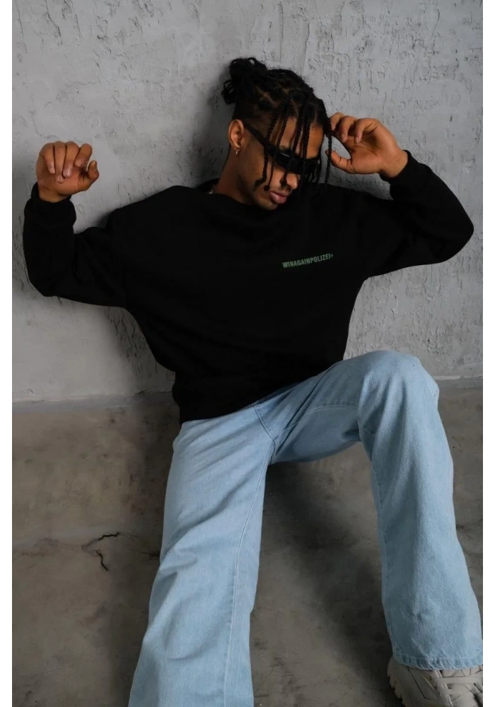 Erkek Bisiklet Yaka Baskılı 3 iplik pamuklu Sweatshirt - Siyah