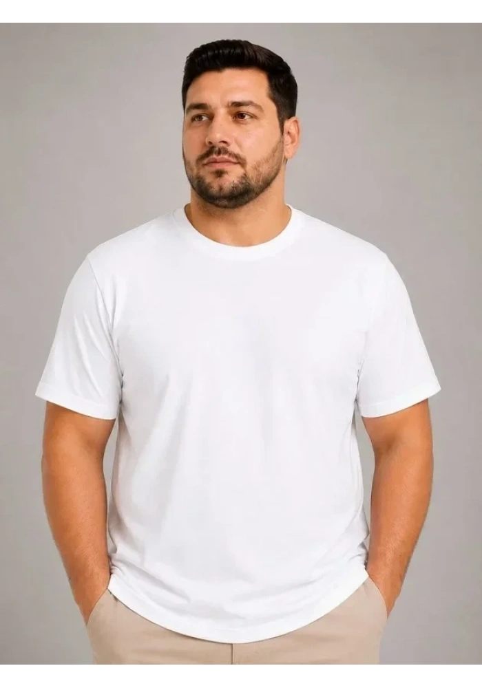 Erkek Battal Big Size Basic Tişört Bisiklet Yaka Rahat Kalıp T-Shirt - Beyaz