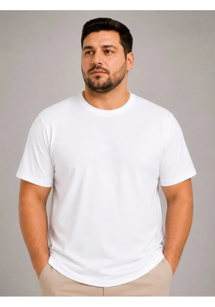 Erkek Battal Big Size Basic Tişört Bisiklet Yaka Rahat Kalıp T-Shirt - Beyaz