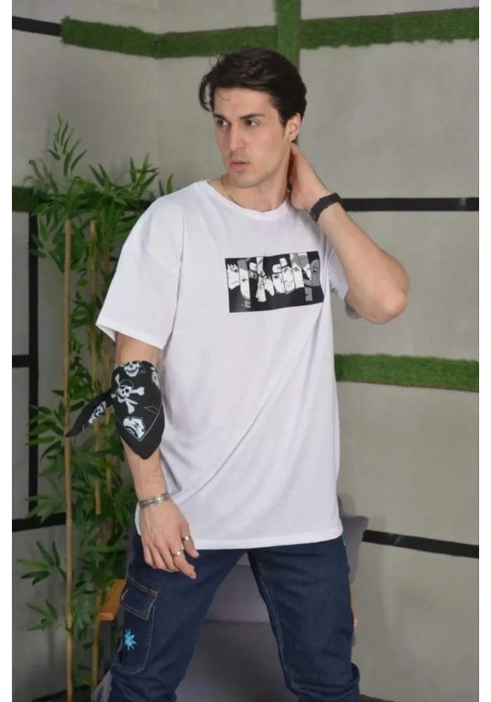 Erkek Kısa Kol Yazlık Tişört Bisiklet Yaka Baskılı Oversize T-Shirt - Beyaz