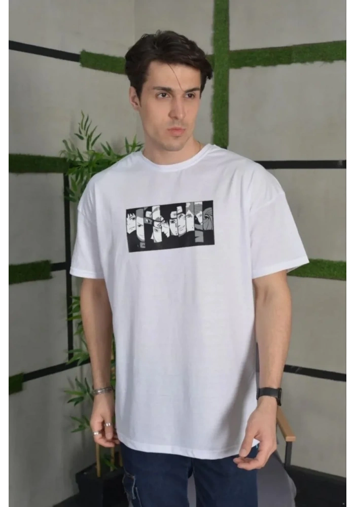 Erkek Kısa Kol Yazlık Tişört Bisiklet Yaka Baskılı Oversize T-Shirt - Beyaz