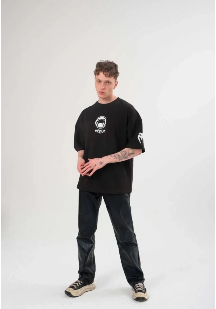 Erkek Kısa Kol Tişört Göğüs ve Kol Bisiklet Yaka Baskılı T-Shirt - Siyah