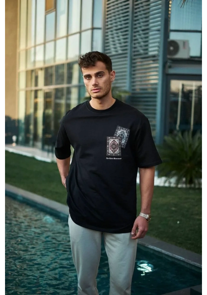Erkek Kısa Kol Yazlık Tişört Bisiklet Yaka Baskılı Oversize T-Shirt - Siyah