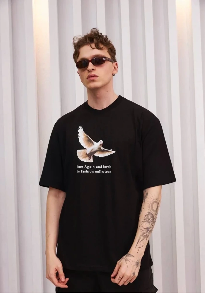 Erkek Kısa Kol Yazlık Tişört Bisiklet Yaka Baskılı Oversize T-Shirt - Siyah