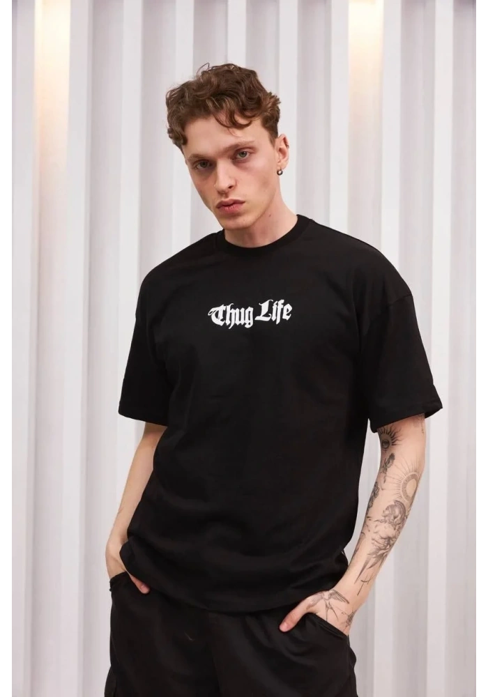 Erkek Bisiklet Yaka Baskılı  Kısa kol Oversize T-Shirt - Siyah