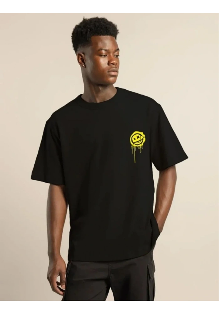 Erkek Kısa Kol Yazlık Tişört Bisiklet Yaka Baskılı Oversize T-Shirt - Siyah