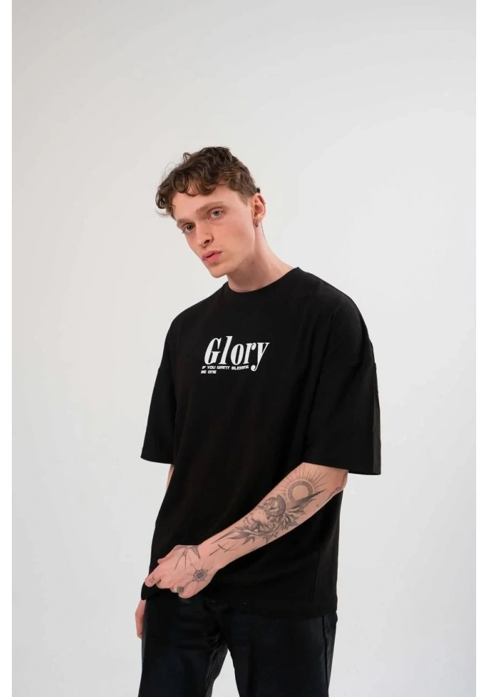 Erkek Kısa Kol Yazlık Tişört Bisiklet Yaka Baskılı Oversize T-Shirt -  Siyah