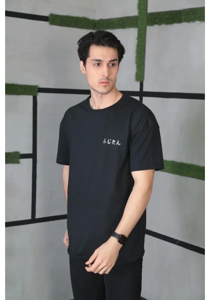 Erkek Kısa Kol Yazlık Tişört Bisiklet Yaka Baskılı Oversize T-Shirt - Siyah