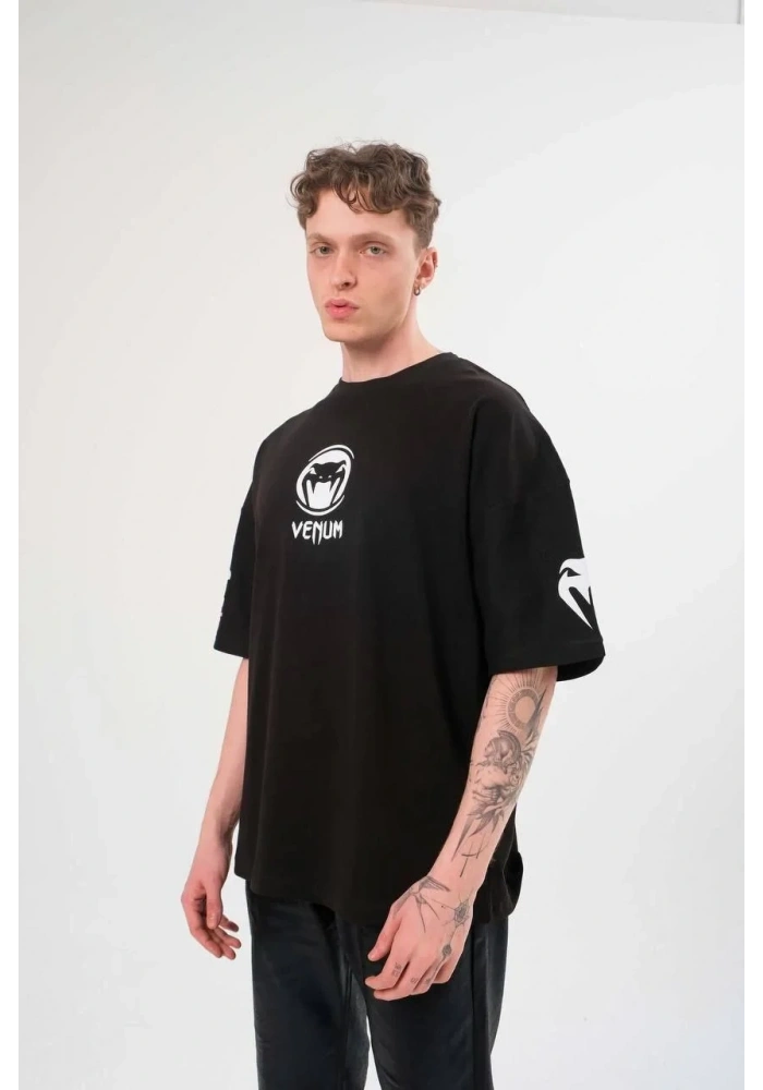 Erkek Kısa Kol Tişört Göğüs ve Kol Bisiklet Yaka Baskılı T-Shirt - Siyah