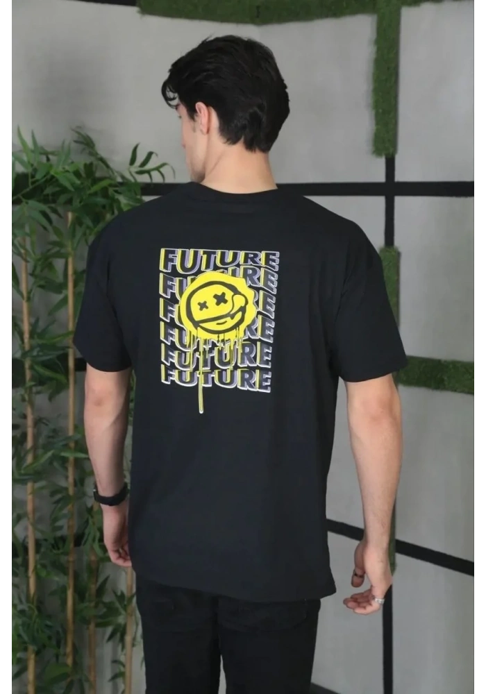 Erkek Kısa Kol Yazlık Tişört Bisiklet Yaka Baskılı Oversize T-Shirt - Siyah