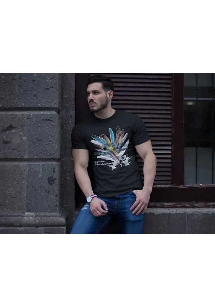 ERKEK Bisiklet Yaka Baskılı Kısa kol T-Shirt - Siyah