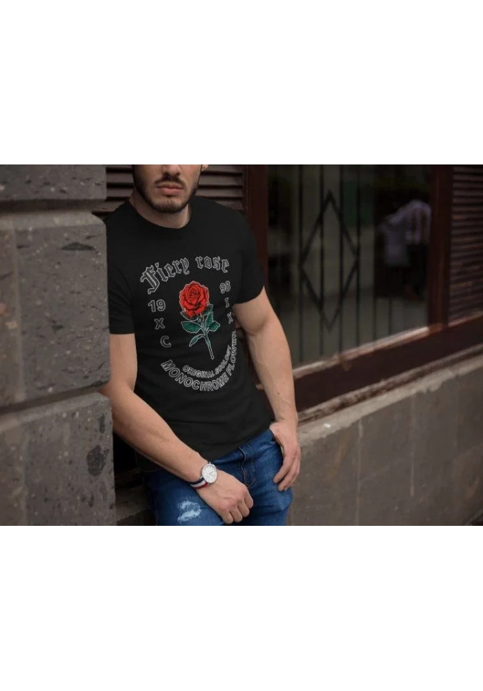 Erkek Tişort Bisiklet Yaka Baskılı Kısa kol T-Shirt - Siyah