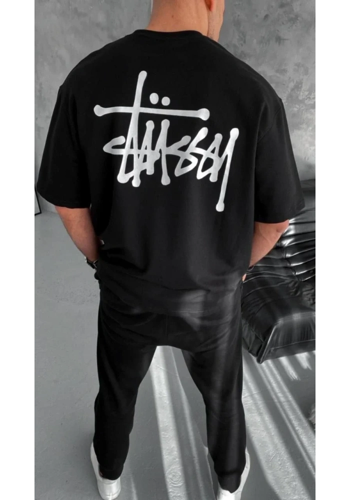 Erkek Kısa Kol Yazlık Tişört Bisiklet Yaka Baskılı Oversize T-Shirt - Siyah