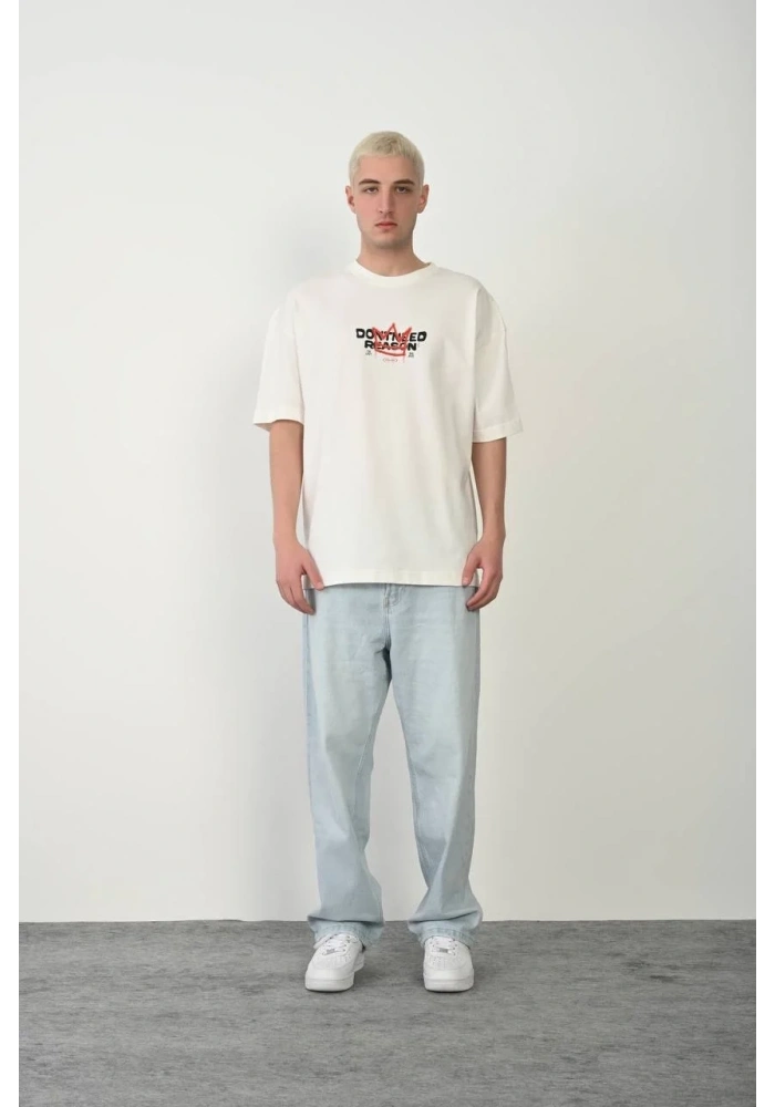 Erkek Kısa Kol Yazlık Tişört Bisiklet Yaka Baskılı Oversize T-Shirt - Beyaz