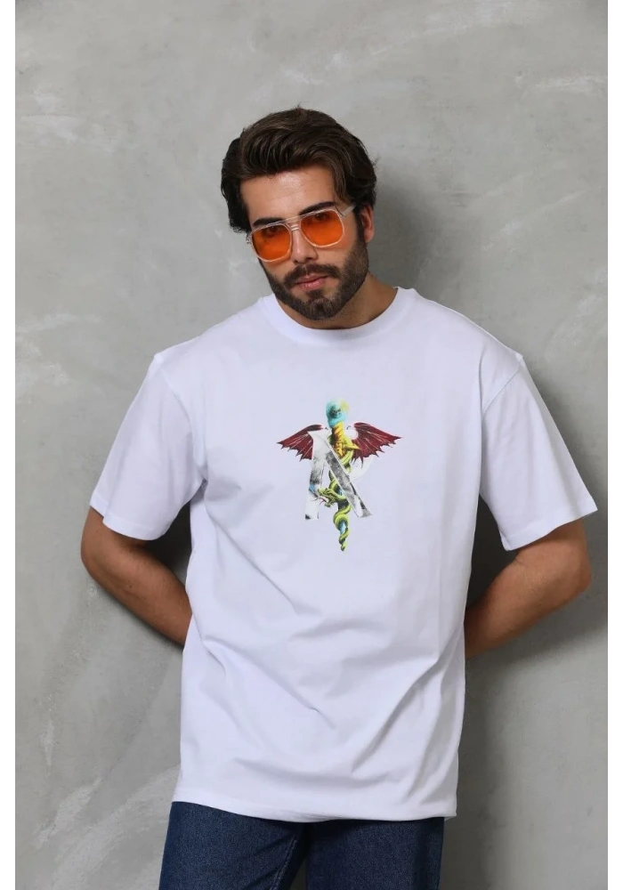 Erkek Baskılı T-Shirt Kısa Kol Bisiklet Yaka Regular Fit Rahat Kalıp Tişört -  Beyaz