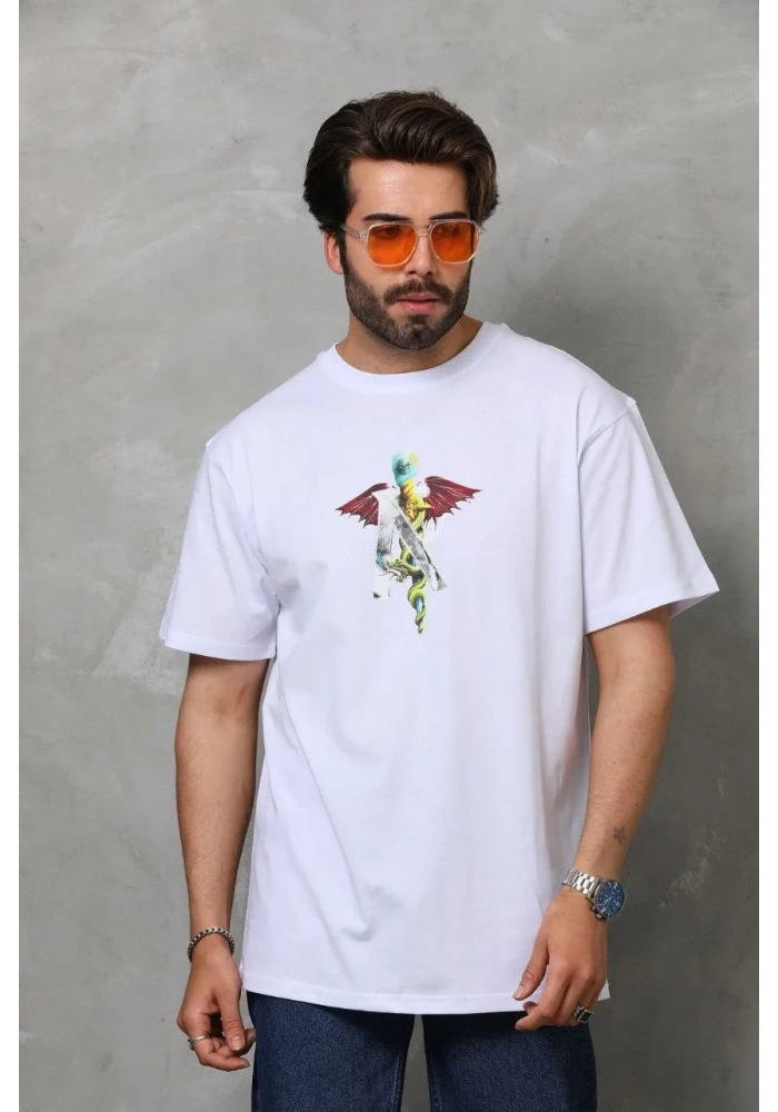 Erkek Baskılı T-Shirt Kısa Kol Bisiklet Yaka Regular Fit Rahat Kalıp Tişört -  Beyaz