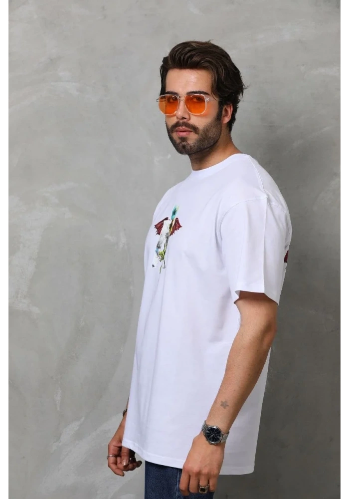 Erkek Baskılı T-Shirt Kısa Kol Bisiklet Yaka Regular Fit Rahat Kalıp Tişört -  Beyaz