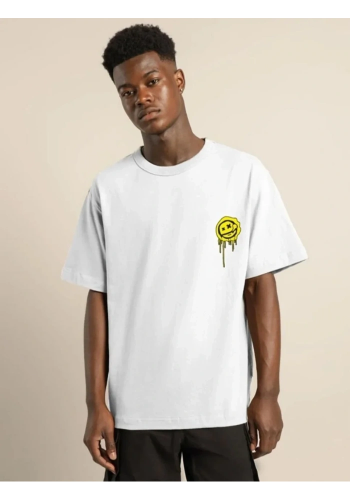 Erkek Kısa Kol Yazlık Tişört Bisiklet Yaka Baskılı Oversize T-Shirt - Beyaz
