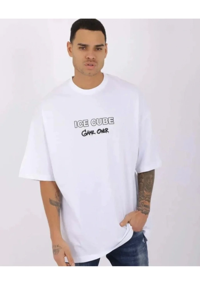 Erkek Kısa Kol Yazlık Tişört Bisiklet Yaka Baskılı Oversize T-Shirt - Beyaz