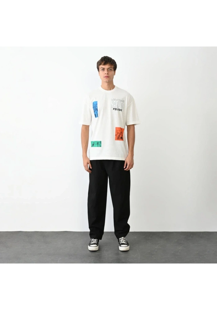 Erkek Kısa Kol Yazlık Tişört Bisiklet Yaka Baskılı Oversize T-Shirt - Beyaz