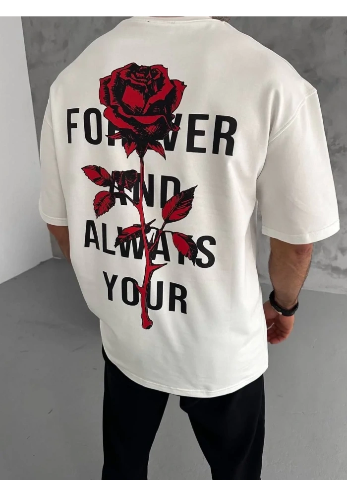 Erkek Kısa Kol Tişört Bisiklet Yaka GÜL Baskılı Oversize T-Shirt - Beyaz