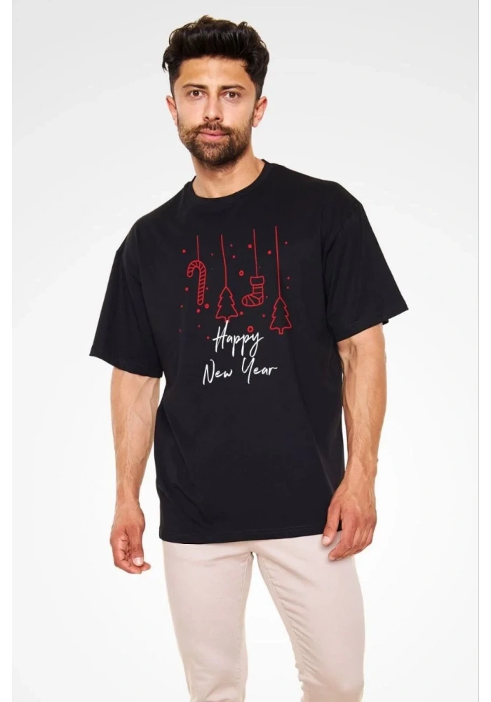 Erkek Kısa Kol Tişört Bisiklet Yaka Yeni Yıl Baskılı T-Shirt - Siyah
