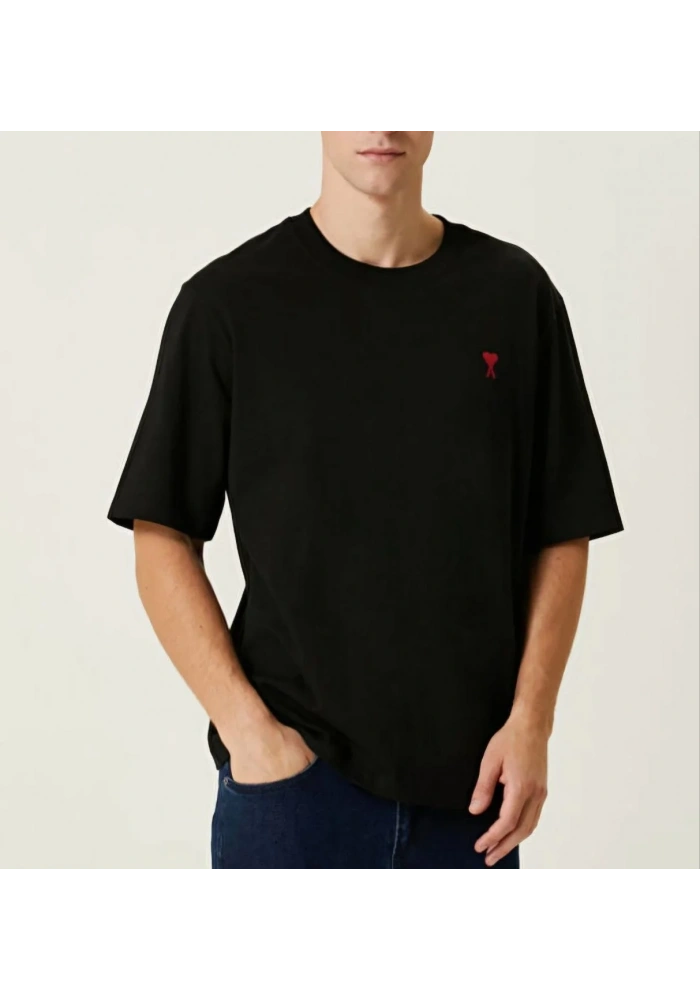 Erkek Kısa Kol Tişört Bisiklet Yaka KALP Baskılı Oversize T-Shirt - Siyah