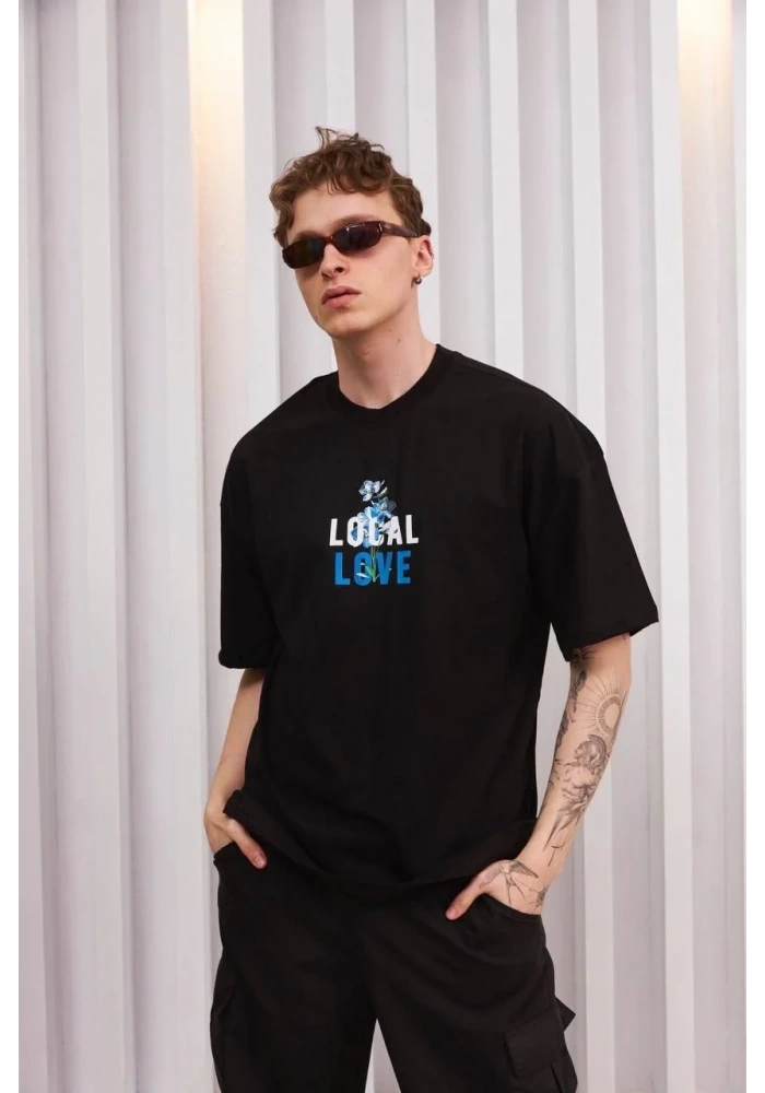 ERKEK Bisiklet Yaka Baskılı Oversize Kısa kol T-Shirt - Siyah