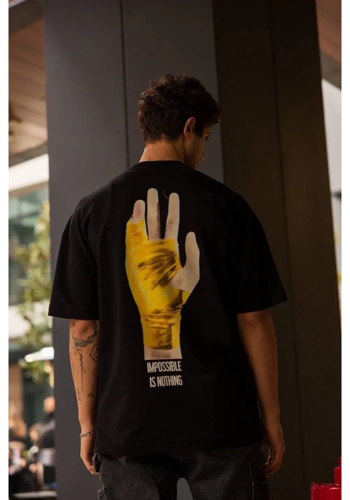 Erkek Kısa Kol Yazlık Tişört Bisiklet Yaka Baskılı Oversize T-Shirt - Siyah