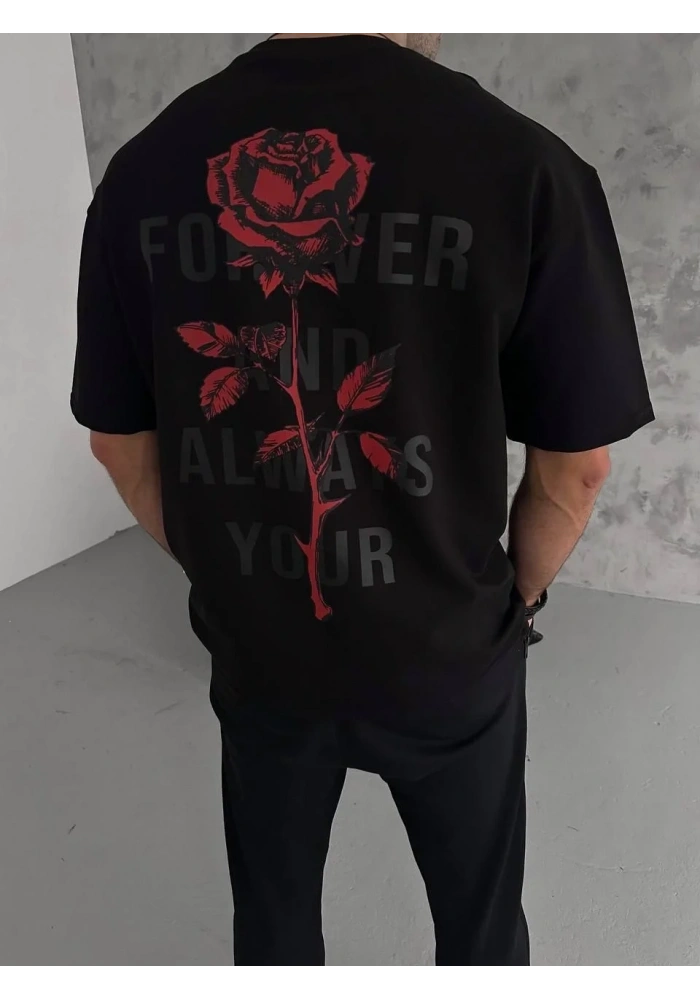 Erkek Bisiklet Yaka Baskılı Oversize  Kısa kol T-Shirt - Siyah