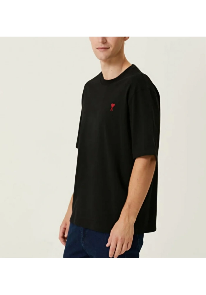 Erkek Kısa Kol Tişört Bisiklet Yaka KALP Baskılı Oversize T-Shirt - Siyah