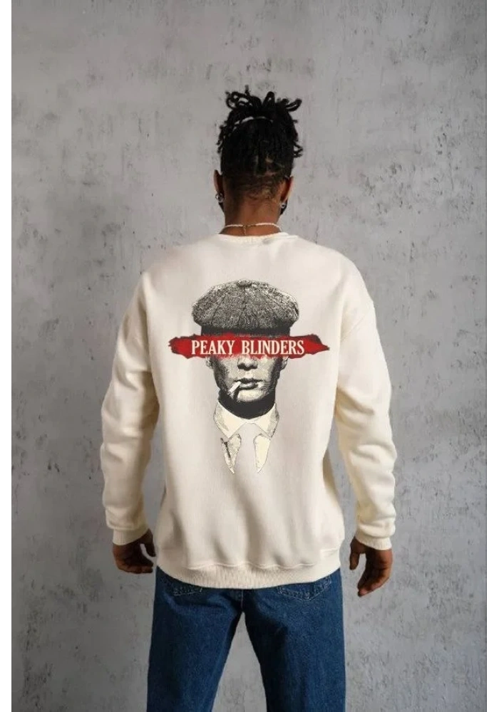 ERKEK 3 İplik Pamuklu Bisiklet Yaka Baskılı Oversize Sweatshirt - Beyaz