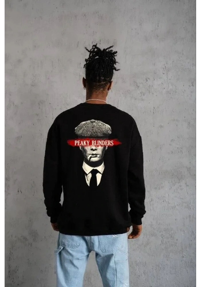 ERKEK 3 İplik Pamuklu Bisiklet Yaka Baskılı Oversize Sweatshirt - Siyah