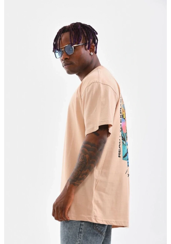 Erkek  Bisiklet Yaka Baskılı Oversize T-Shirt - Bej