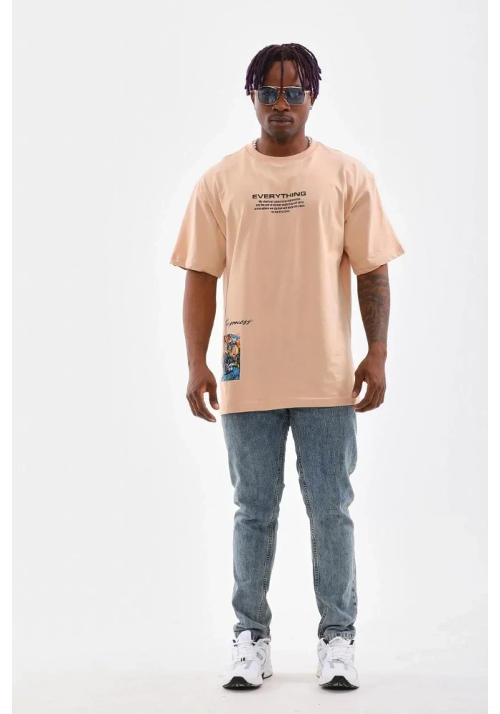 Erkek  Bisiklet Yaka Baskılı Oversize T-Shirt - Bej