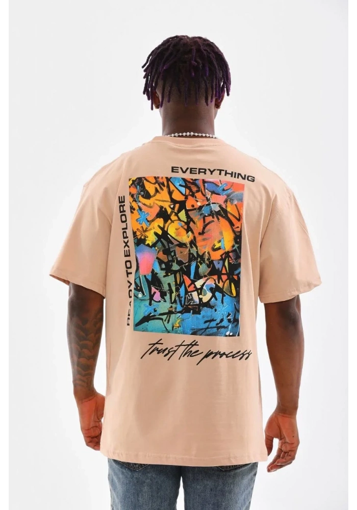 Erkek  Bisiklet Yaka Baskılı Oversize T-Shirt - Bej