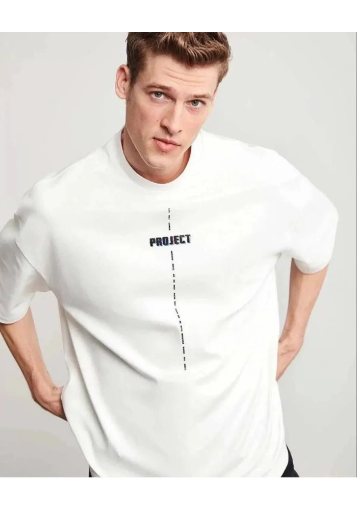 Erkek Kısa Kol Yazlık Tişört Bisiklet Yaka Baskılı Oversize T-Shirt - Beyaz