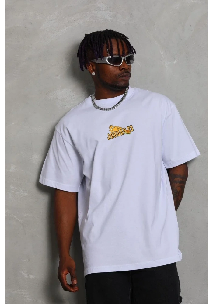 Erkek Kısa Kol Yazlık Tişört Bisiklet Yaka Baskılı Oversize T-Shirt - Beyaz