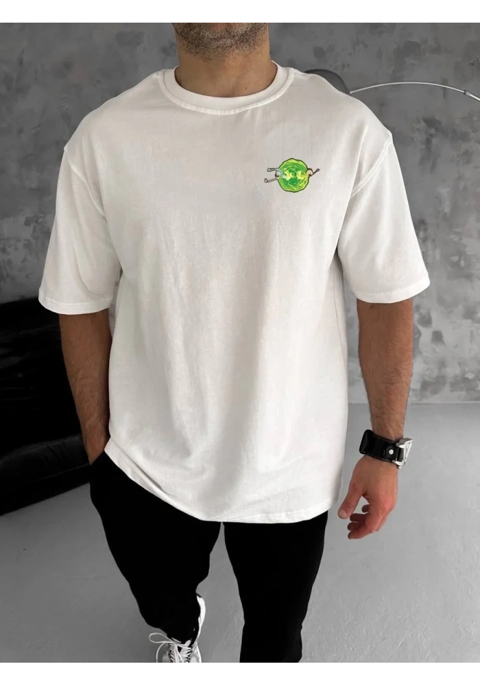 Erkek Kısa Kol Tişört Bisiklet Yaka RİCK AND MORTY Baskılı T-Shirt - Beyaz