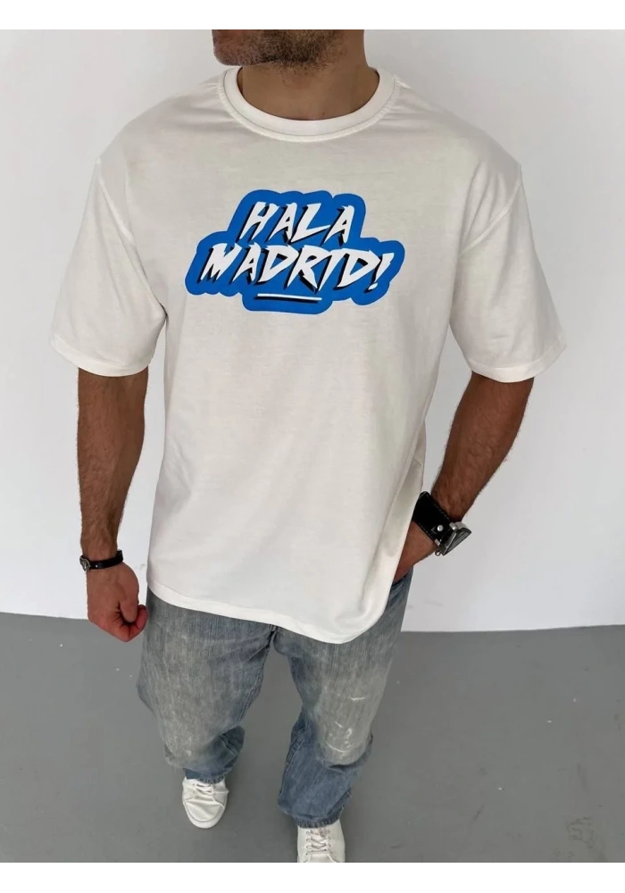 Erkek Kısa Kol Yazlık Tişört Bisiklet Yaka Baskılı Oversize T-Shirt - Beyaz