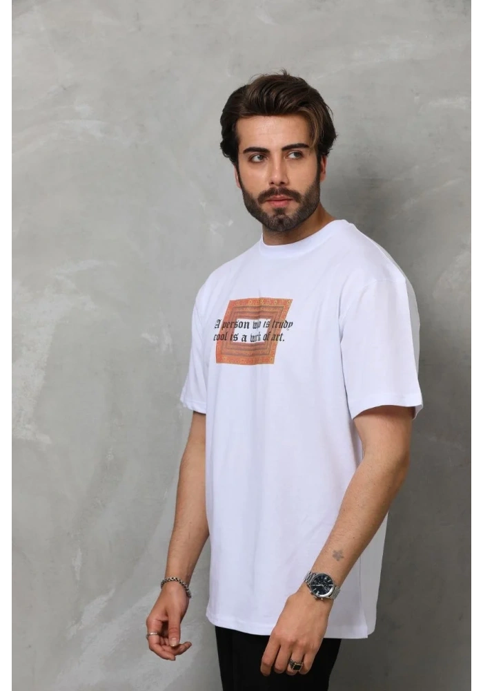 Erkek Baskılı T-Shirt Kısa Kol Bisiklet Yaka Regular Fit Rahat Kalıp Tişört -  Beyaz