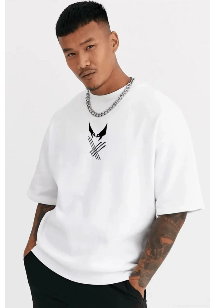 Erkek Kısa Kol Yazlık Tişört Bisiklet Yaka Baskılı Oversize T-Shirt - Beyaz