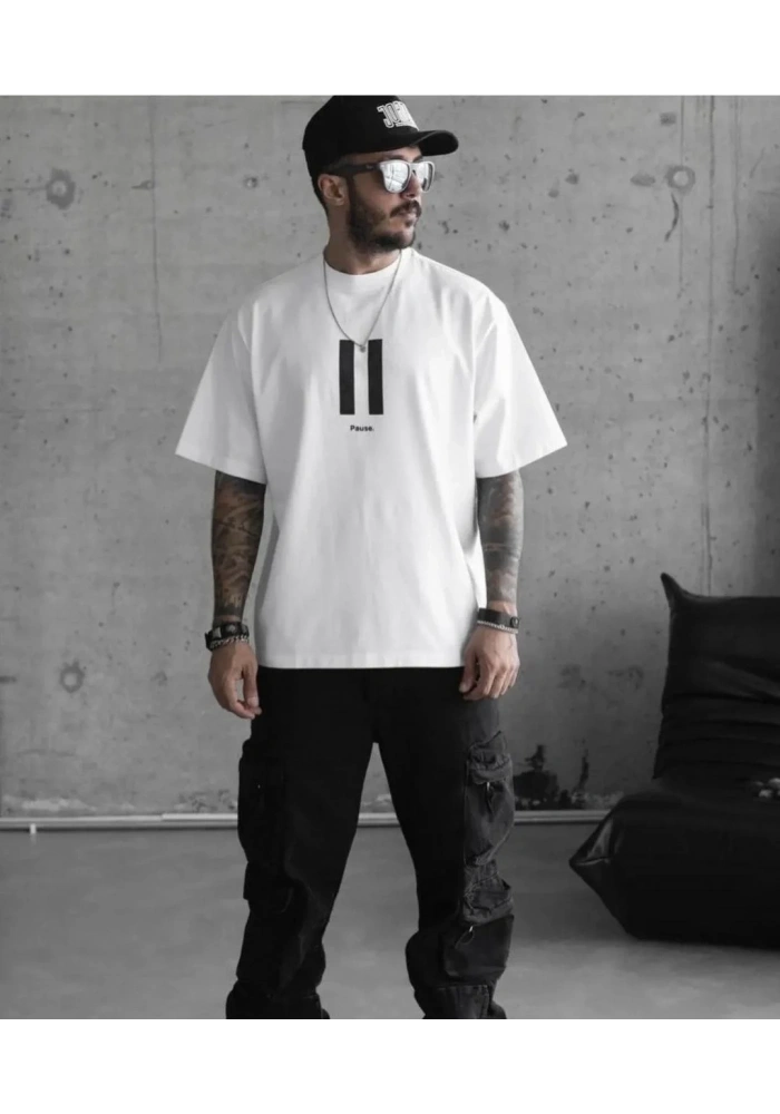 Erkek Kısa Kol Yazlık Tişört Bisiklet Yaka Baskılı Oversize T-Shirt - Beyaz