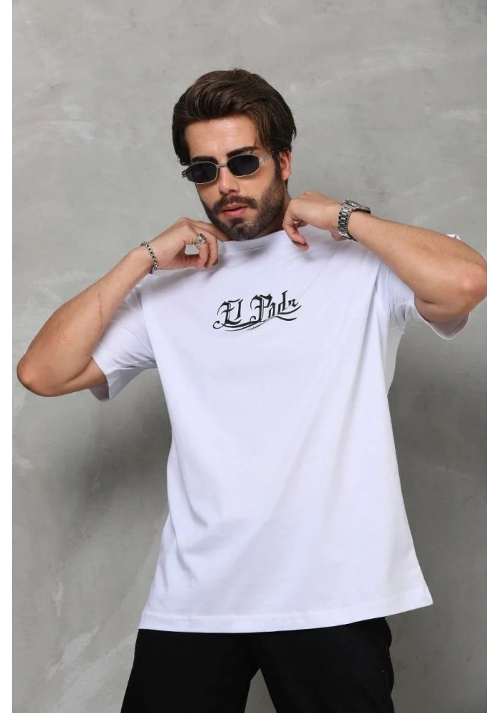 Erkek Kısa Kol Yazlık Tişört Bisiklet Yaka Baskılı Oversize T-Shirt - Beyaz