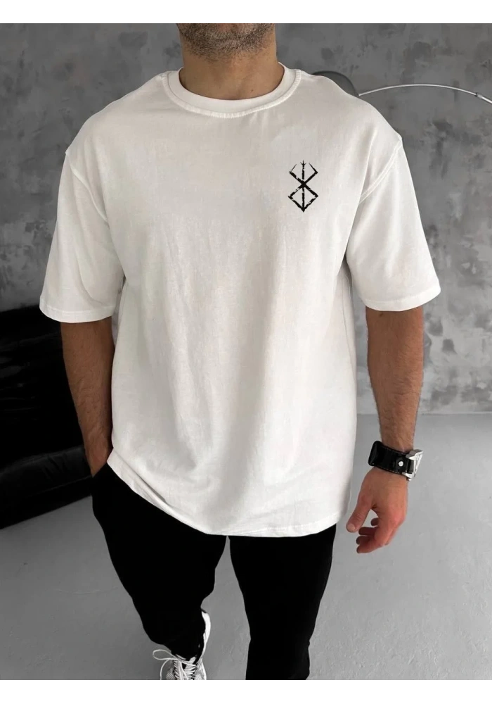 Erkek Kısa Kol Yazlık Tişört Bisiklet Yaka Baskılı Oversize T-Shirt - Beyaz